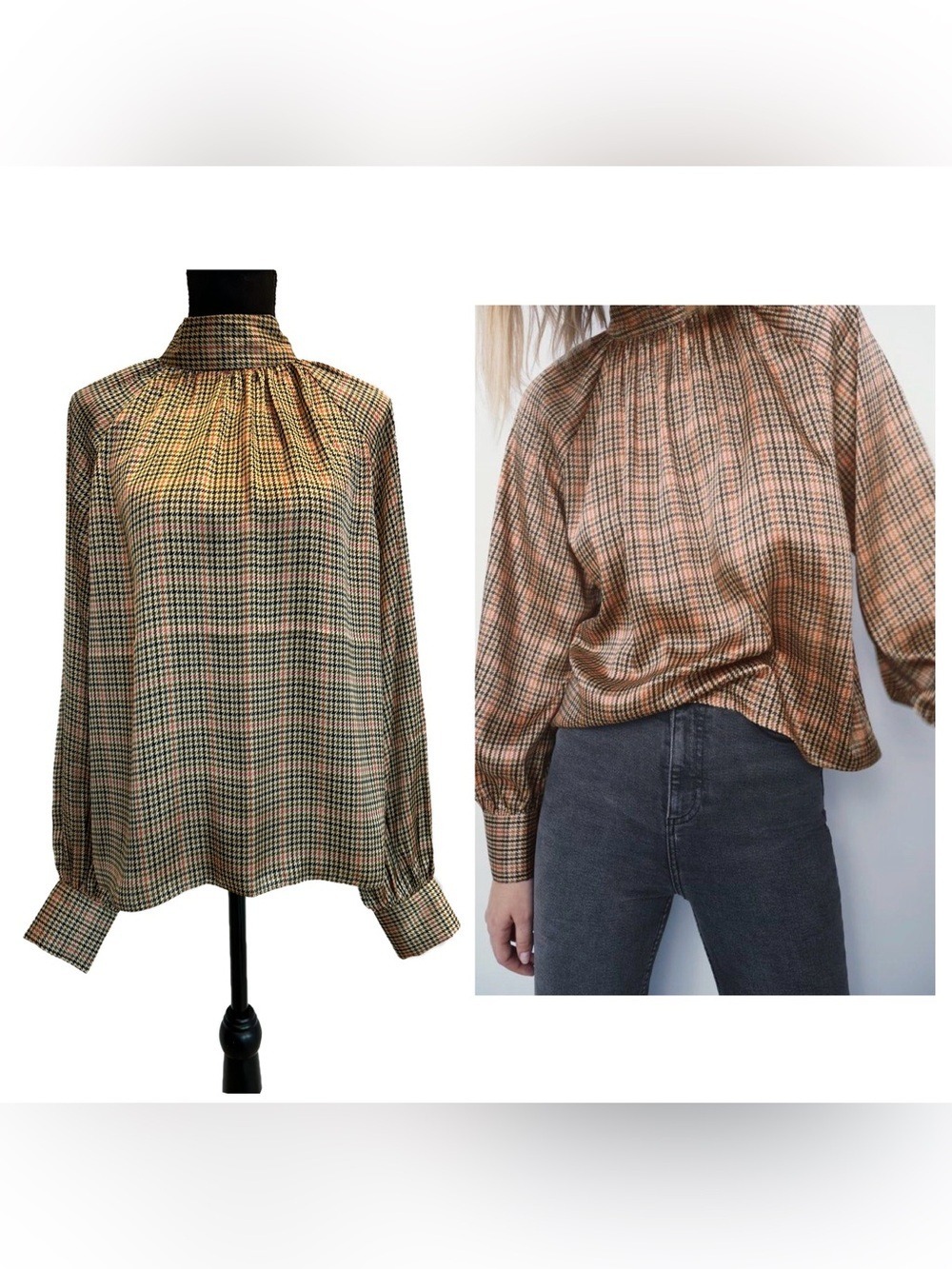 Suzy Shier houndstooth pattern blouse high neck button cuffs brown pink Sz M